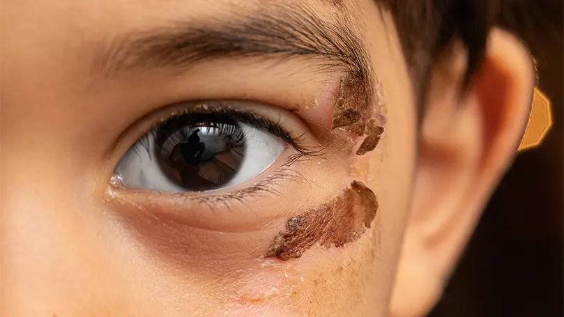 Immagine di un bambino con cicatrici vicino alle palpebre.