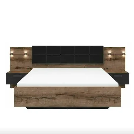 a product image of Luxury King Size Bed Euro Frame Padded Headboard LED Light USB Cahrges Bedside Cabinet Oak Black Kassel